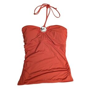 Michael Kors Halter Logo Shirred Tankini Top Bathing Suit Ruched Orange Gold